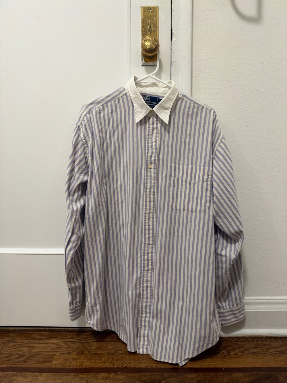 Vintage Polo Striped Button-Up Shirt w Contrast Collar - White & lavender